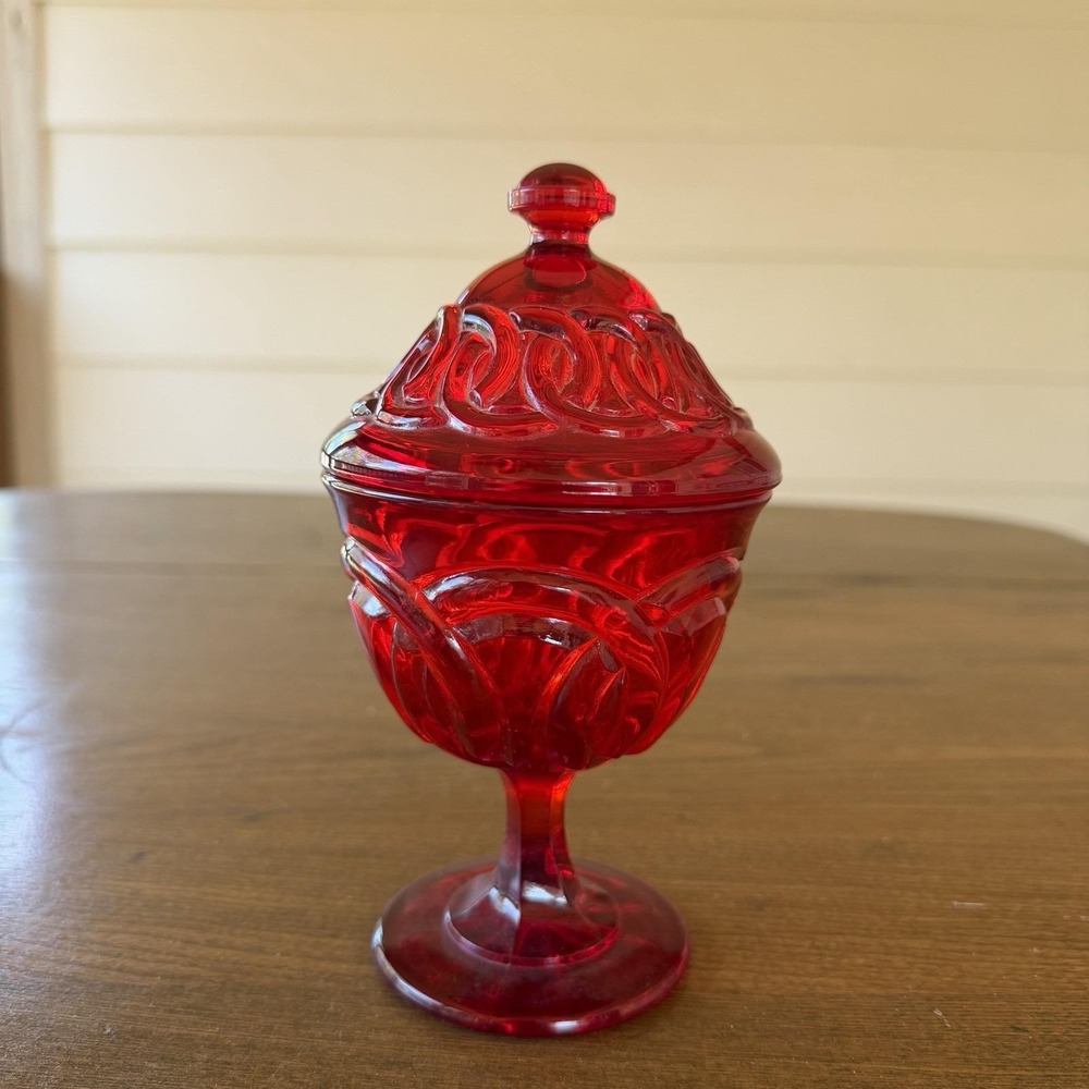 Vintage LG Wright Ruby Red Double Wedding Ring Covered Candy Dish Compote 1970s